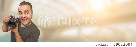 Goofy Hispanic Man with DSLR Camera Wide Banner with Room For Co Goofy Hispanic Man with DSLR Camera Wide Banner with Room For Co 29022084