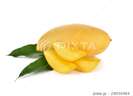 ripe mango with green leaf on white background. 29030464