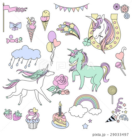 White And Green Unicorns With Sweets On Backgrounのイラスト素材