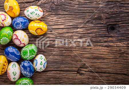 Easter. Hand made easter eggs on old wooden table. Easter. Hand made easter eggs on old wooden table. 29034409