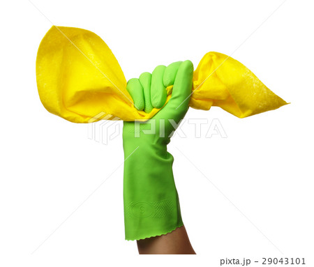 Hand in rubber glove holds cleaning rag 29043101