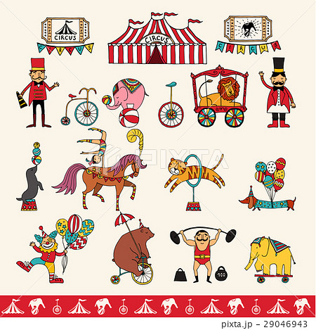 Set Of Hand Drawn Vector Icons On A Circus Theme のイラスト素材