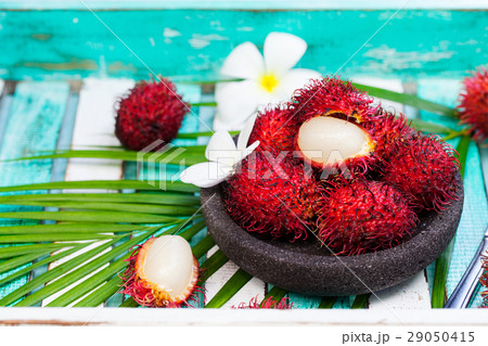 Fresh rambutans in a bowl on wooden background. 29050415