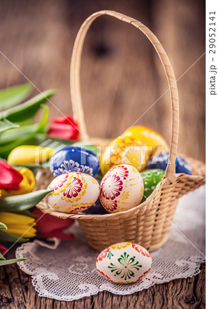 Easter. Hand made painted easter eggs in basket. Easter. Hand made painted easter eggs in basket. 29052141