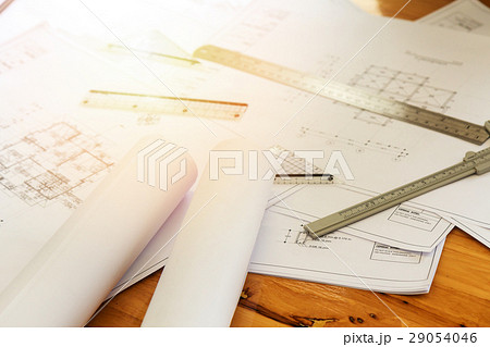Blue print and measurement tool with sun flare Blue print and measurement tool with sun flare 29054046