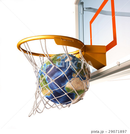 Planet earth falling into the basketball basket by a perfect shot. 29071897