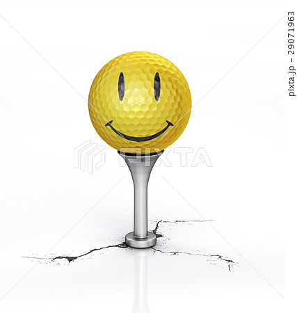 Yellow Golf ball with the texture of smile, placed on tee. Yellow Golf ball with the texture of smile, placed on tee. 29071963