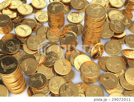 Gold dollar coins spread on a white surface and few stacks. 29072011