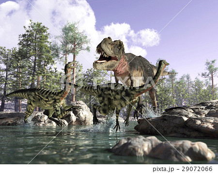 Photorealistic 3 D scene of a Tyrannosaurus Rex, hunting two Gallimimus. 29072066