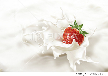 Strawberry falling into a sea of milk, causing a splash. 29072172