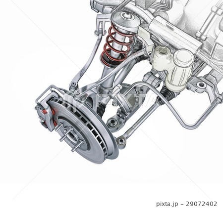 Multi link front car suspension, with brake. Photorealistic 3 D rendering. 29072402