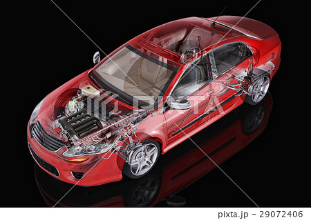 Generic sedan car detailed cutaway representation, with ghost effect, on black backgound. 29072406