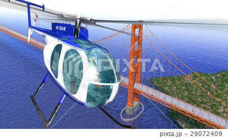 Helicopter flying over the Golden Gate bridge. Brid eye view with blue sea. 29072409