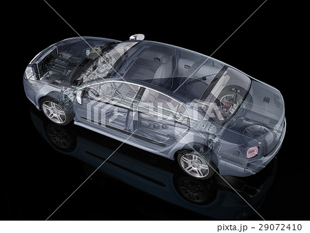 Generic sedan car detailed cutaway representation, with ghost effect, on black backgound. 29072410