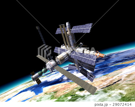 Space station in orbit around Earth. 29072414