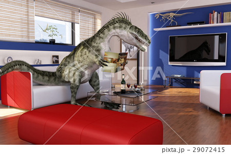 Modern livingroom with a theropod dinosaur, sitting on the sofa, reading a dinosaurs book. 29072415