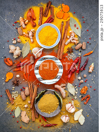 Various of spices and herbs in ceramic bowl. 29075613