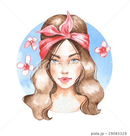Summer girl. Hand drawn watercolor female face Summer girl. Hand drawn watercolor female face 29083329