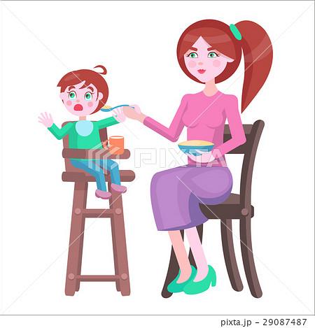 Mother Feeds Baby, Who Sits and Cries on Highchair Mother Feeds Baby, Who Sits and Cries on Highchair 29087487