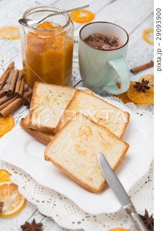 toast bread with jam on vintage wooden table 29093900