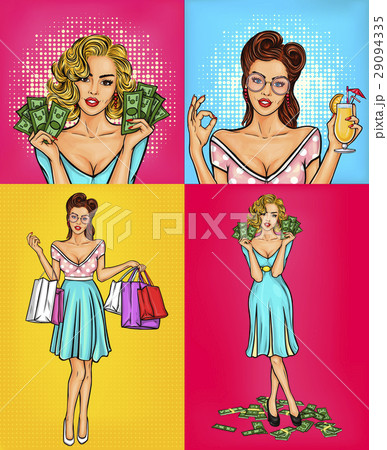 set illustrations retro smiling pop art girl 29094335