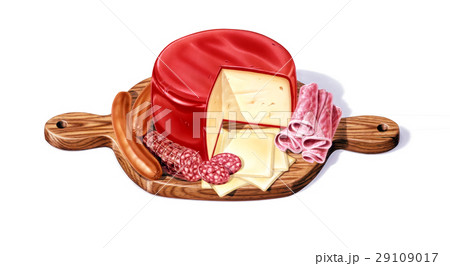 Wood Cutting board, with a selection of different cheeses, salami, ham and wurstel, with a big red wax chees in the middle. 29109017