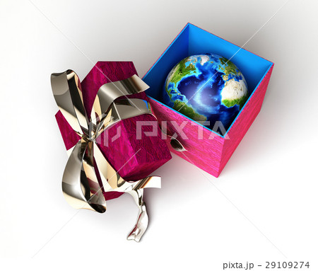 Gift package, with ribboned open cup, with planet earth inside, viewed from above. Gift package, with ribboned open cup, with planet earth inside, viewed from above. 29109274