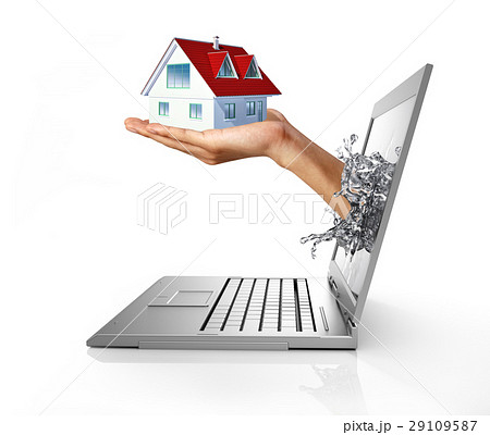 Human hand with a house on it, coming out from computer screen. 29109587