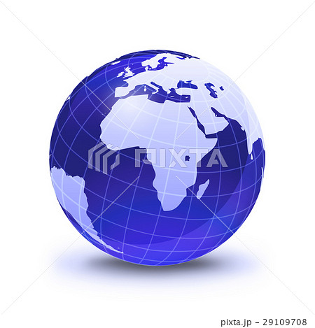 Earth globe stylized, in blue color, shiny and with white glowing grid. On white surface with dropped shadow. Africa view. 29109708