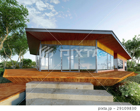 Modern villa made of wood and steel, with green park around. Modern villa made of wood and steel, with green park around. 29109830