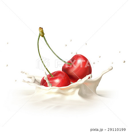 Two red cherries falling into milk splashing. Two red cherries falling into milk splashing. 29110199