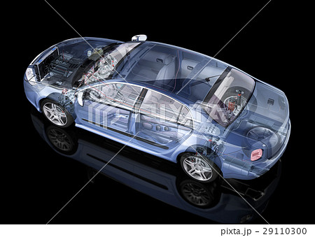 Generic sedan car detailed cutaway representation, with ghost effect, on black backgound. 29110300
