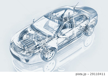 Generic sedan car detailed cutaway representation, with ghost effect, in pencil drawing style, on neutral backgound. Generic sedan car detailed cutaway representation, with ghost effect, in pencil drawing style, on neutral backgound. 29110411