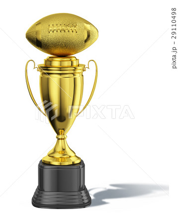 Trophy cup, with an American football ball at the top. All in gold, with black basement. 29110498