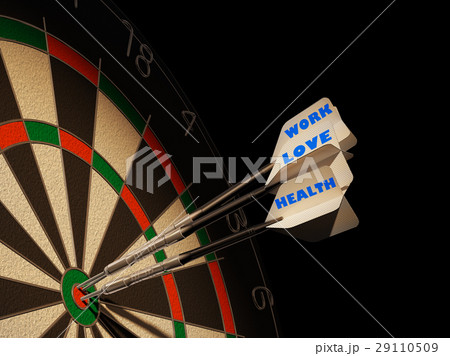 Dartboard with three darts in center target. 29110509