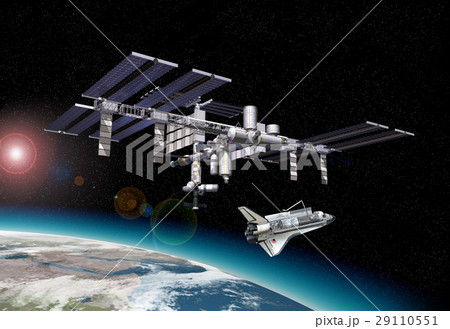 Space station in orbit around Earth, with Shuttle. 29110551