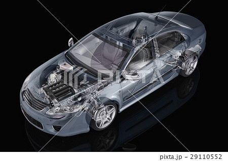 Generic sedan car detailed cutaway representation, with ghost effect, on black backgound. Generic sedan car detailed cutaway representation, with ghost effect, on black backgound. 29110552
