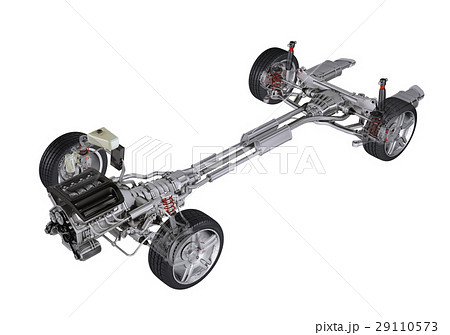 Under carriage technical 3 D rendering, of a generic sedan contemporary car. Perspective view. 29110573