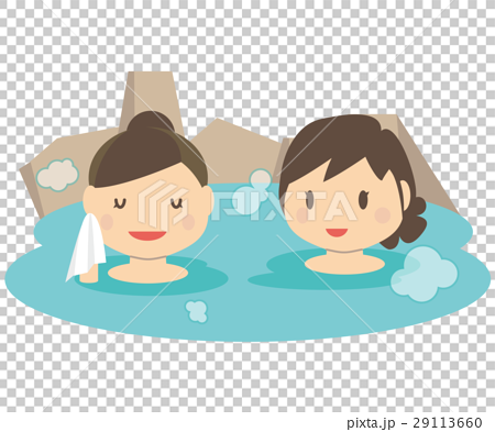 かわいい女性 2人旅 温泉 露天風呂のイラスト素材