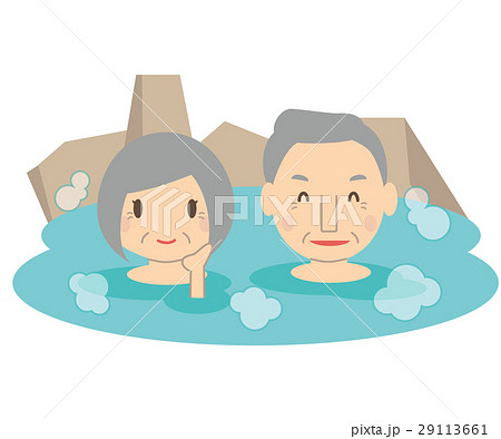 かわいいシニアカップル 温泉 露天風呂 のイラスト素材
