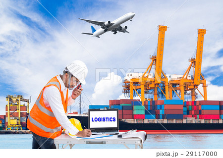 Engineer dockers talking on radio at ship port Engineer dockers talking on radio at ship port 29117000