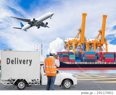 Port engineer talking on radio for logistic Port engineer talking on radio for logistic 29117001