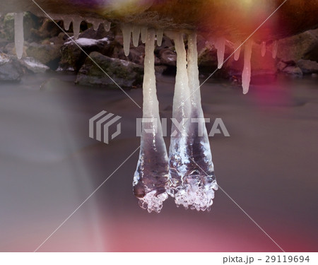 Long icicles hang on fallen trunk above water Long icicles hang on fallen trunk above water 29119694