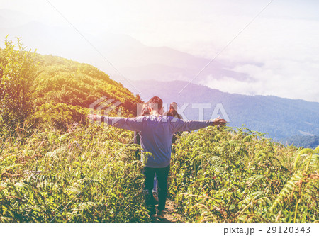 People hiking nature and mountains with Sunset lig 29120343