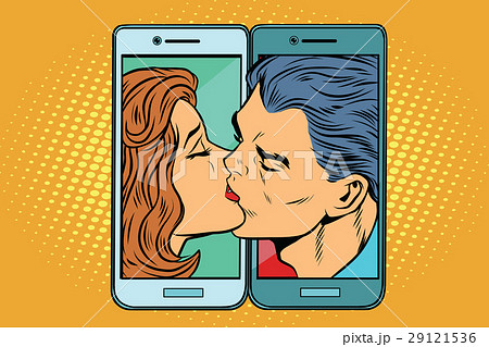Retro man and woman kissing through a smartphone 29121536