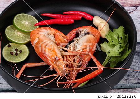 Streamed large fresh prawns and spicy sour herb. Streamed large fresh prawns and spicy sour herb. 29123236