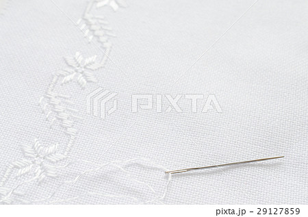 Texture of linen fabric with white silk embroidery 29127859