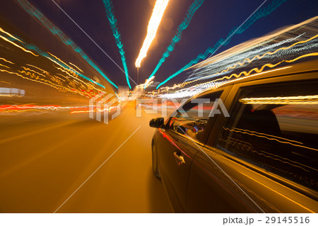 View from Side of Car moving in a night city 29145516