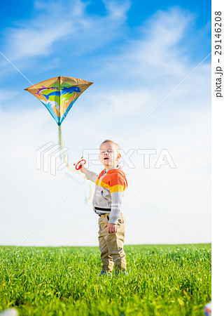 Young boy playing with his kite in a green field.  29146208