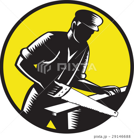 19th Century Carpenter Sawing Wood Circle Woodcut 29146688
